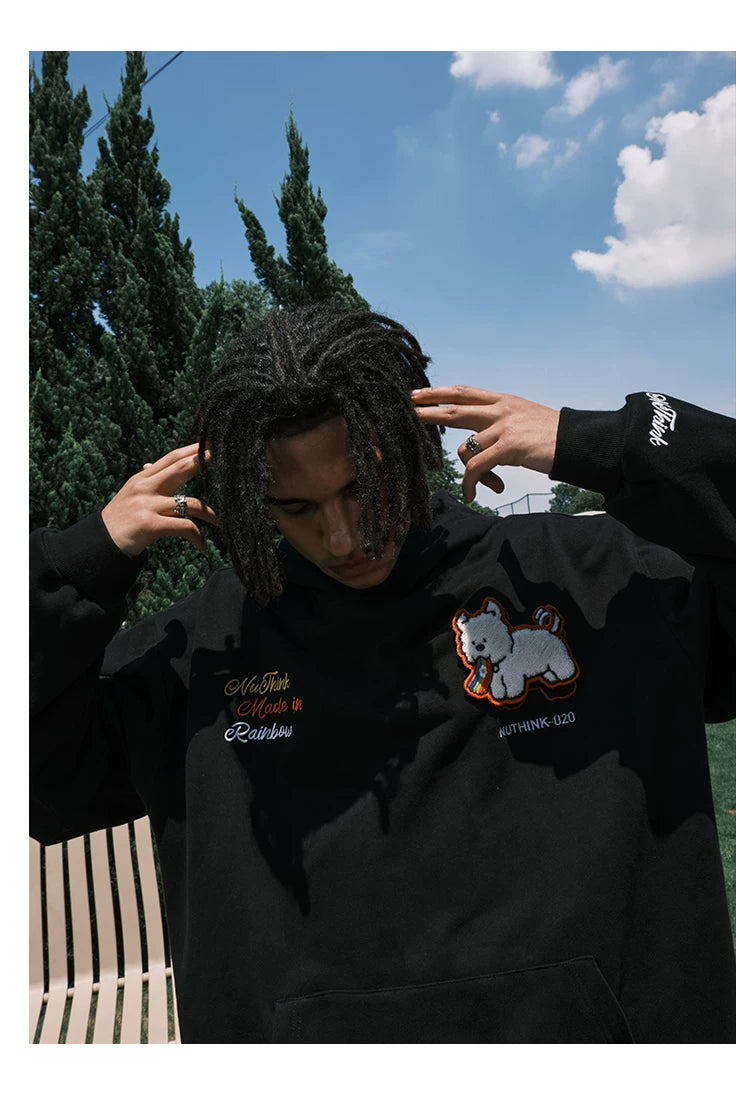 Embroidered Dog Graphic Oversized Pullover Hoodie