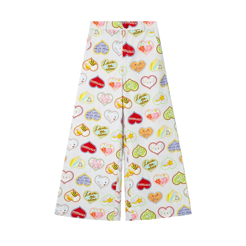 Cute Heart Print Wide Leg Pants