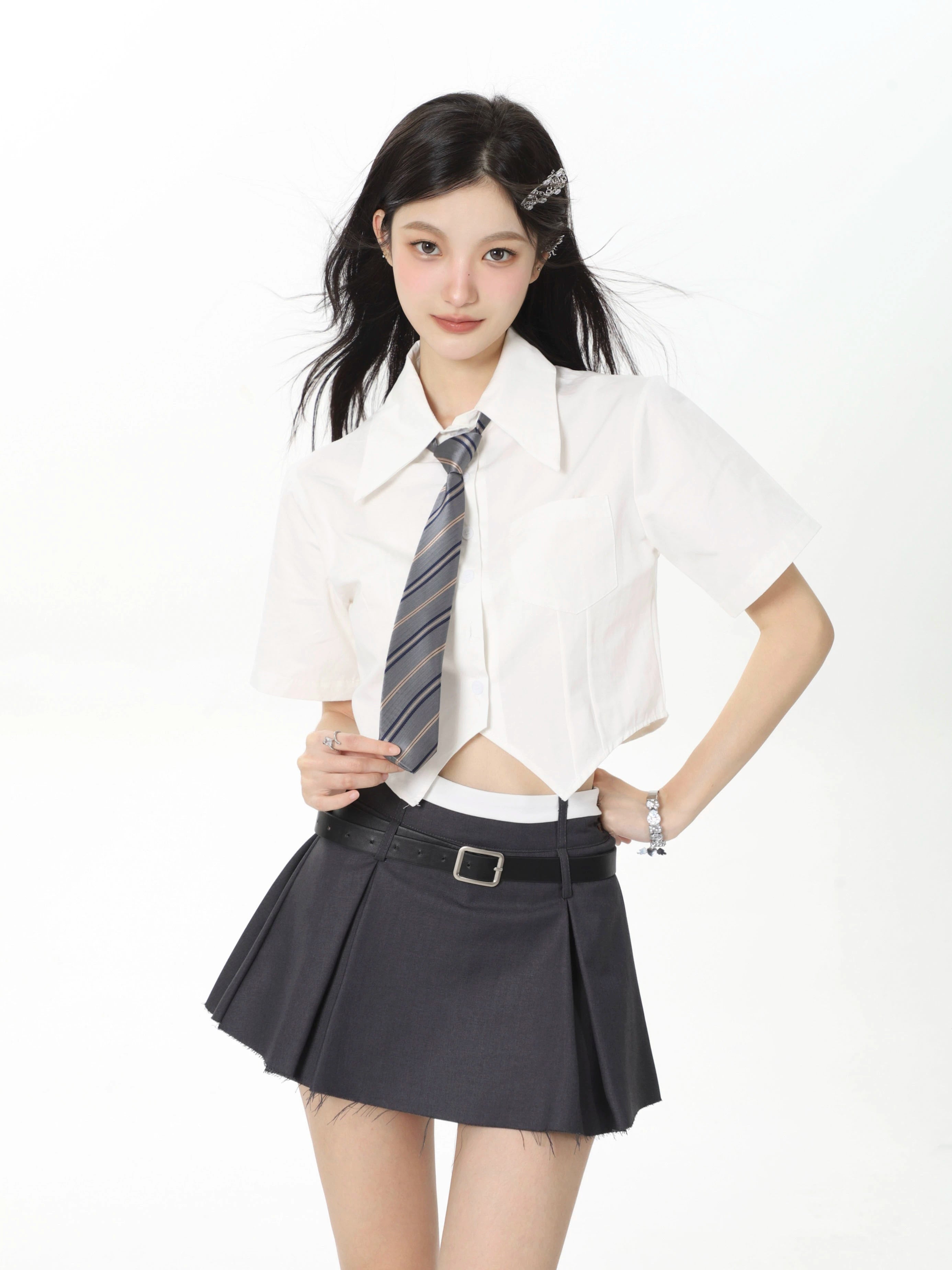 White Short-Sleeve Shirt with Tie JK Style