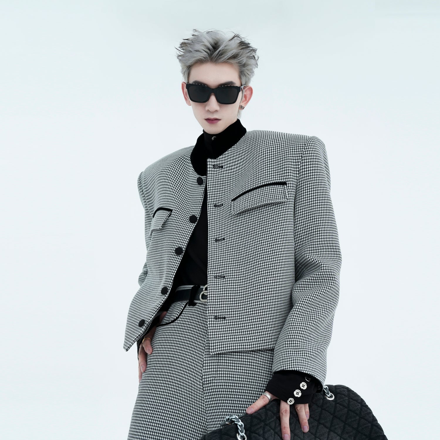 Houndstooth High-Neck Blazer