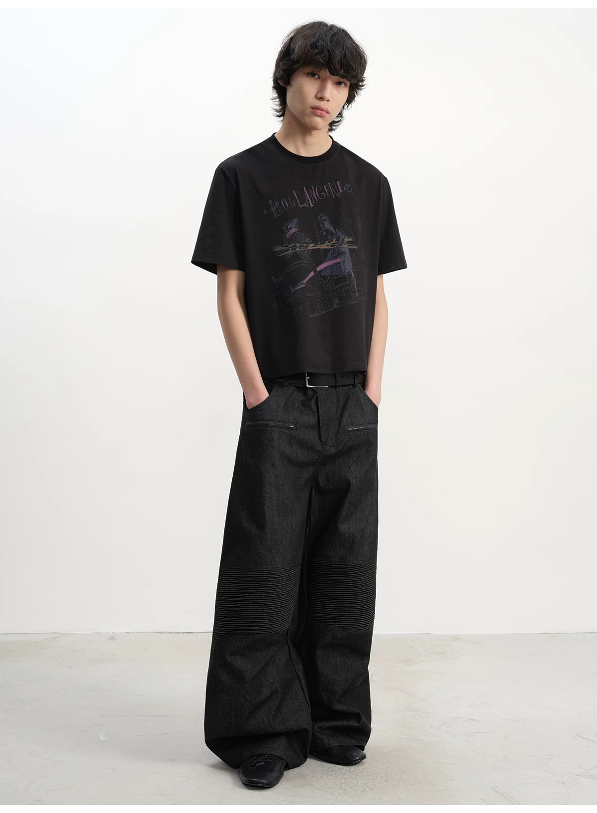 Ribbed Knee Panels Wide-Leg Denim Pants