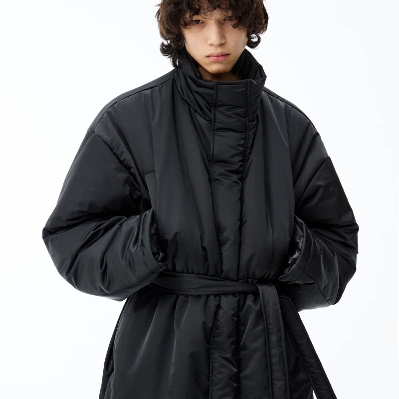 High Stand Collar Belted Long Puffer Coat