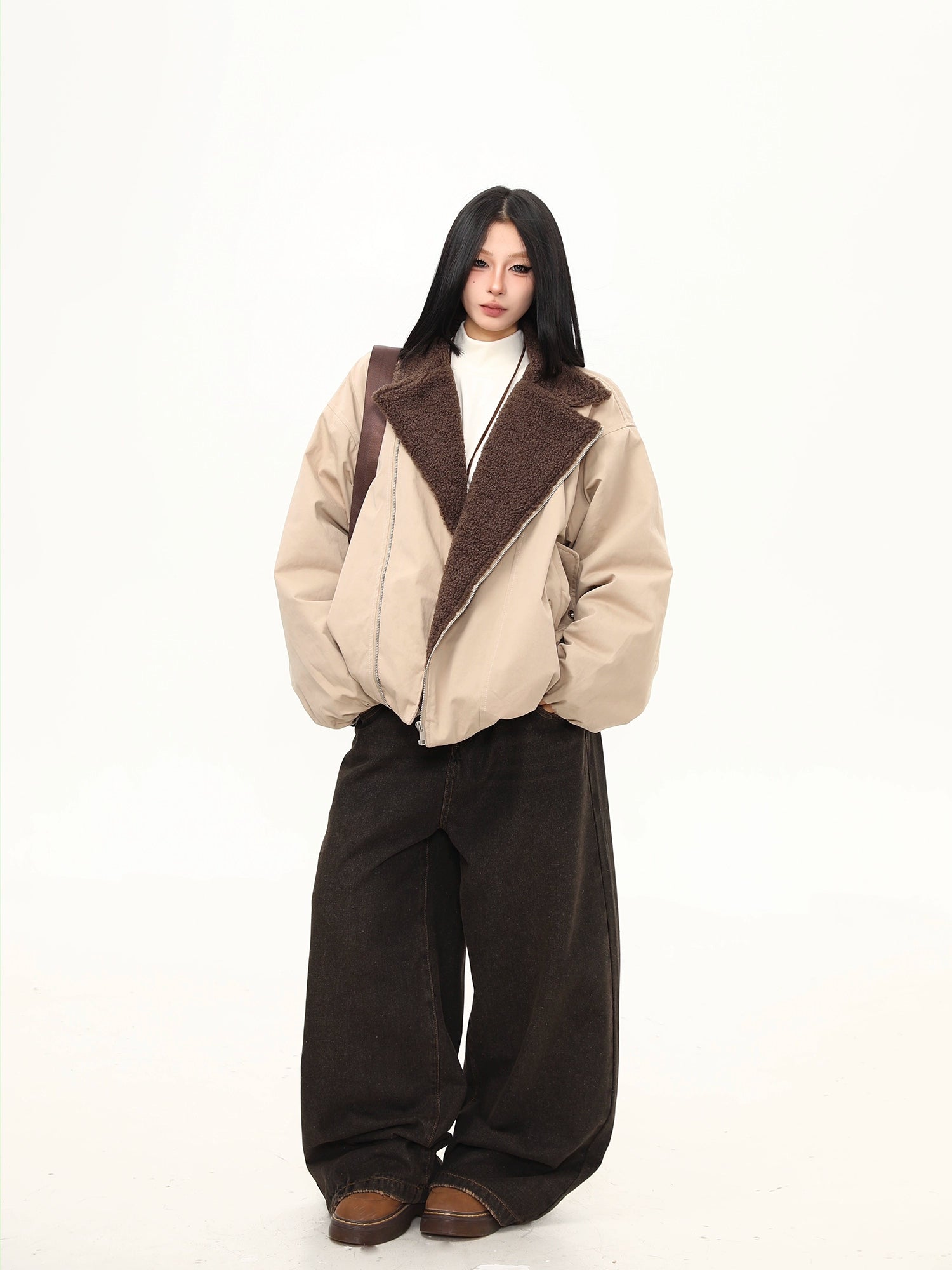 Sandstone Shearling Panel Zip Jacket