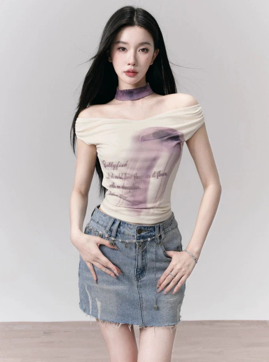 Ethereal Whisper: Off-Shoulder Choker Crop Top with Lavender Ombre Print