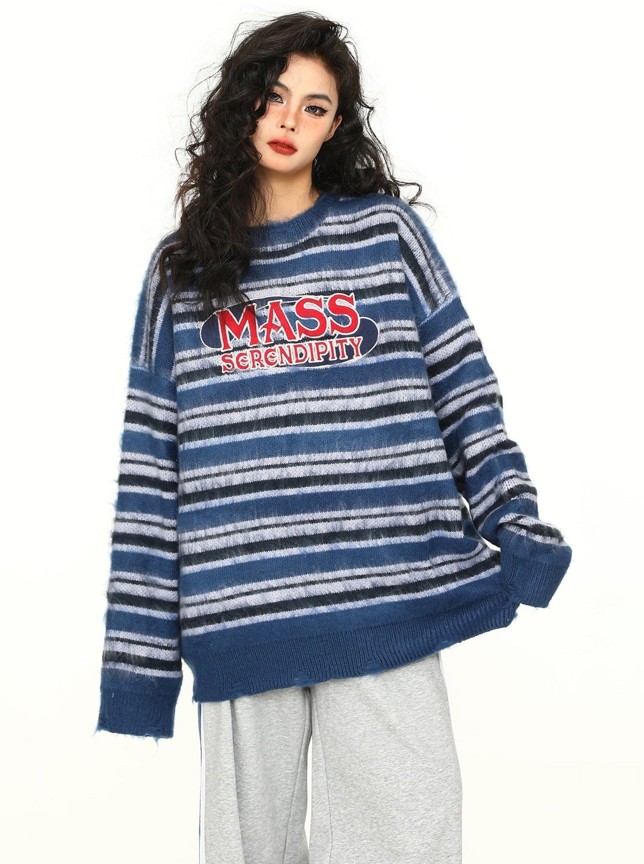 MASS SERENDIPITY Oversized Striped Knit Sweater