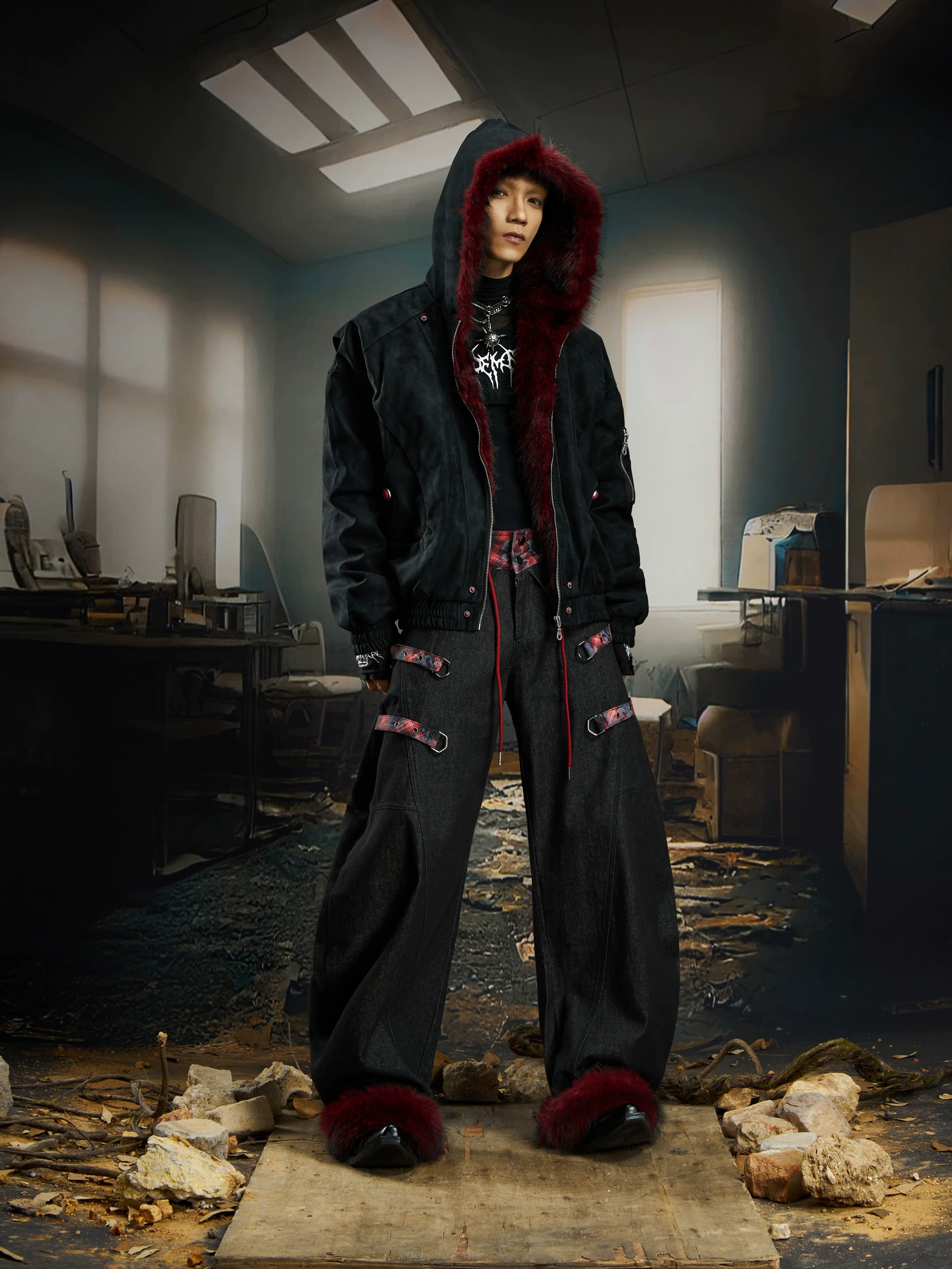 Crimson Plaid Fetters Fur Hem Pants