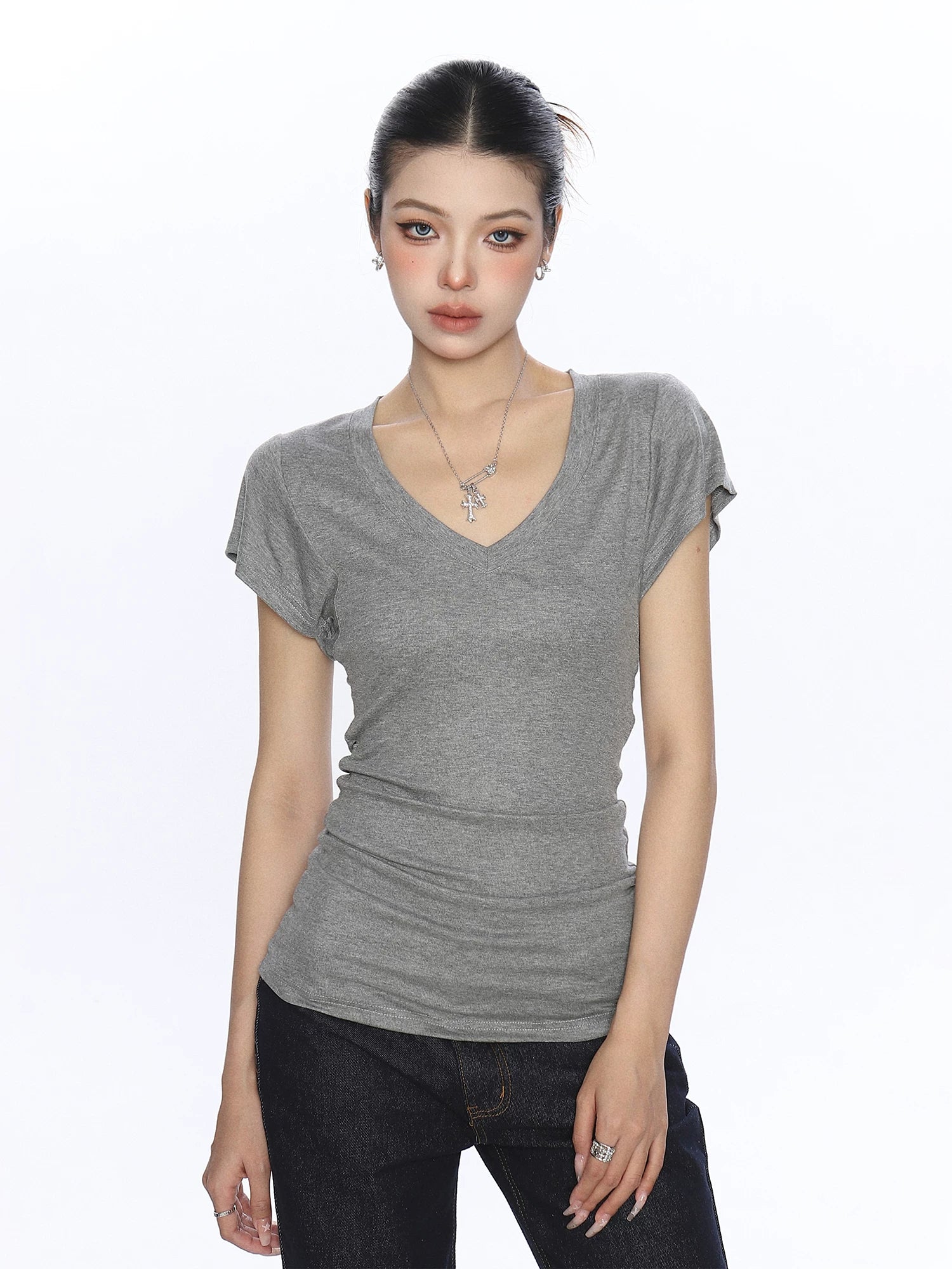 Slim V-Neck Ruched Short-Sleeve T-Shirt