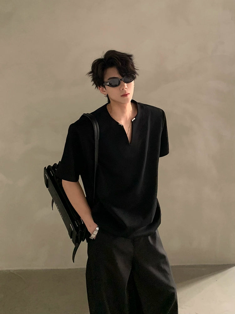 Minimalist Short Sleeve Shirt with V Notch Neckline