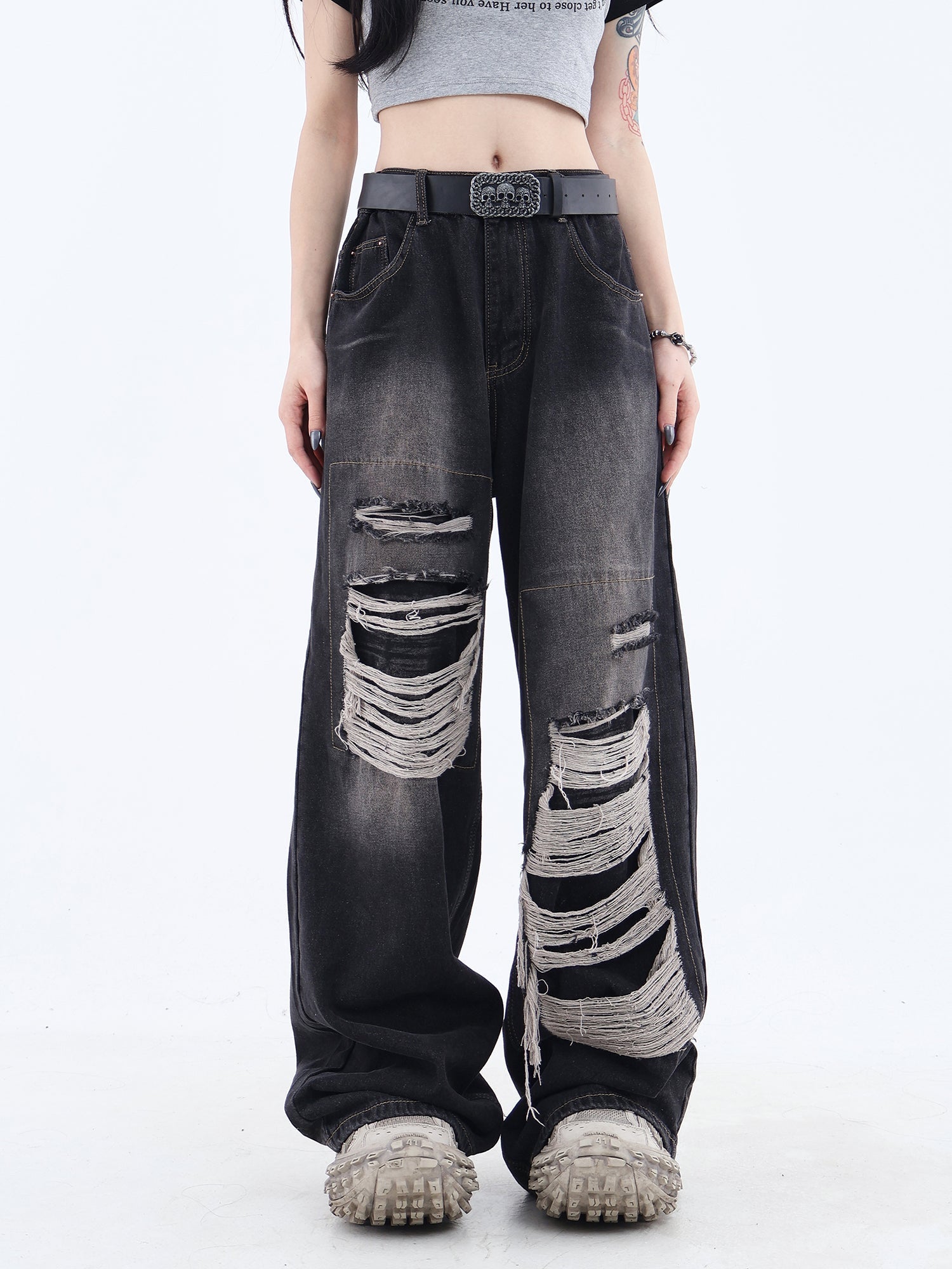 Distressed Patched Denim Jeans - chiclara