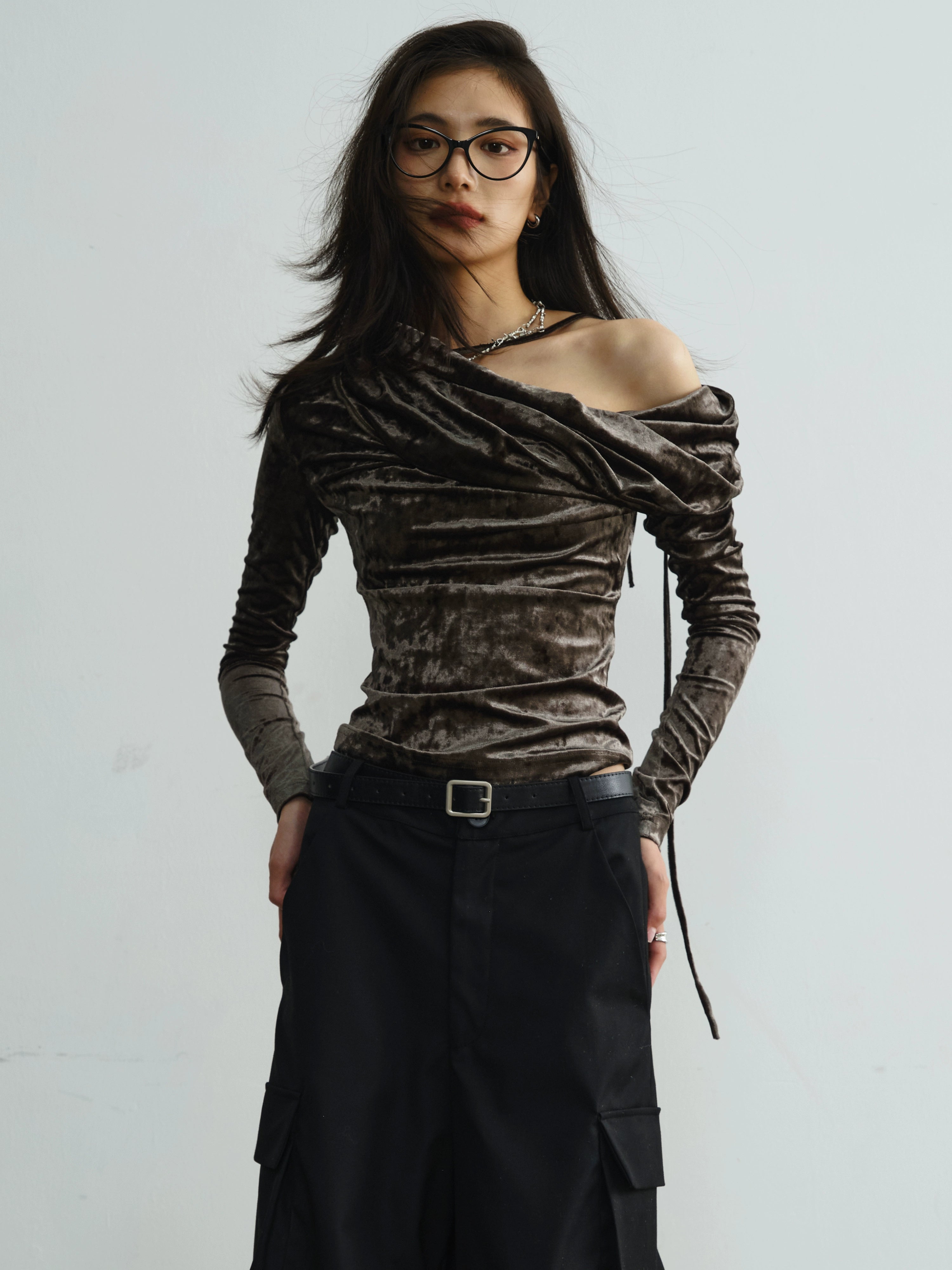 Velvet Asymmetrical Off Shoulder Top