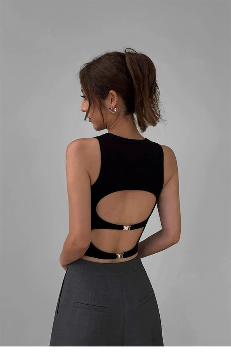 Summer Collection - Black Cut-Out Backless Camisole Top - chiclara