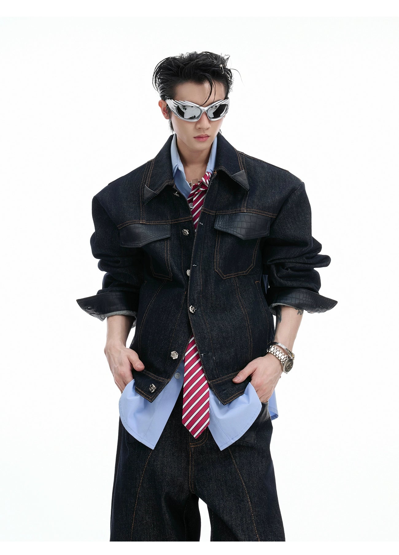 Oversized Dark Denim Jacket and Wide-Leg Jeans Setup