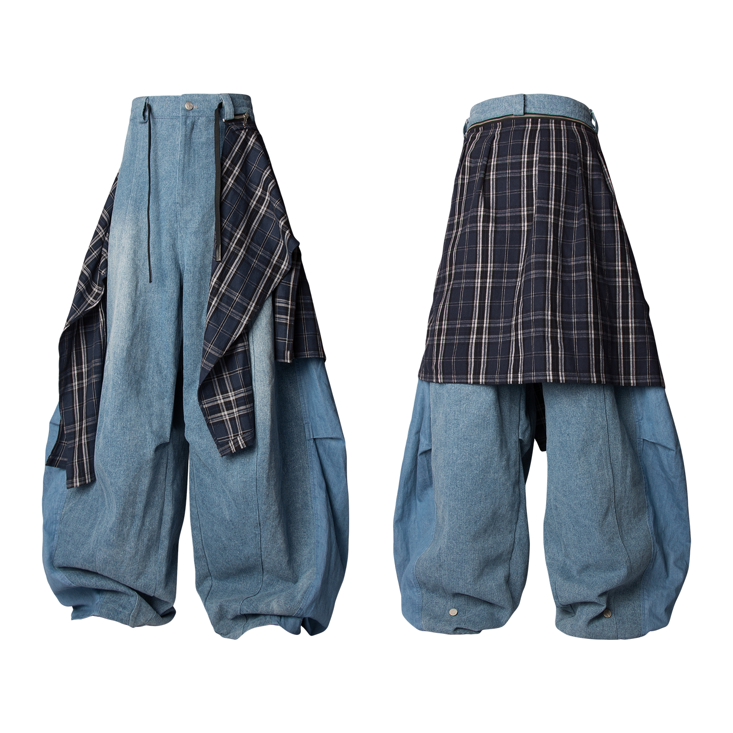 Layered Plaid Balloon Denim Pants