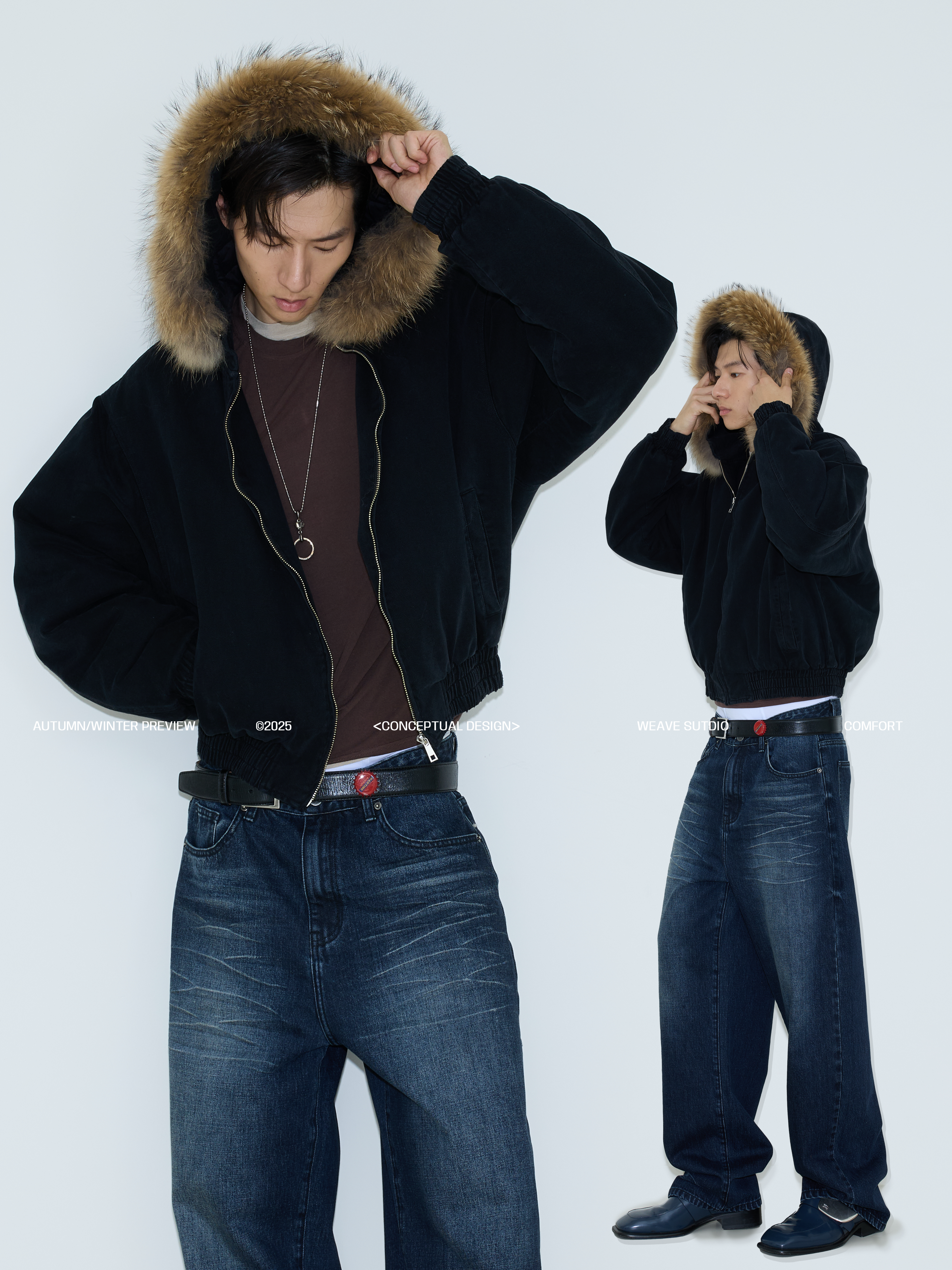 Midnight Tundra Faux‑Fur Hood Bomber