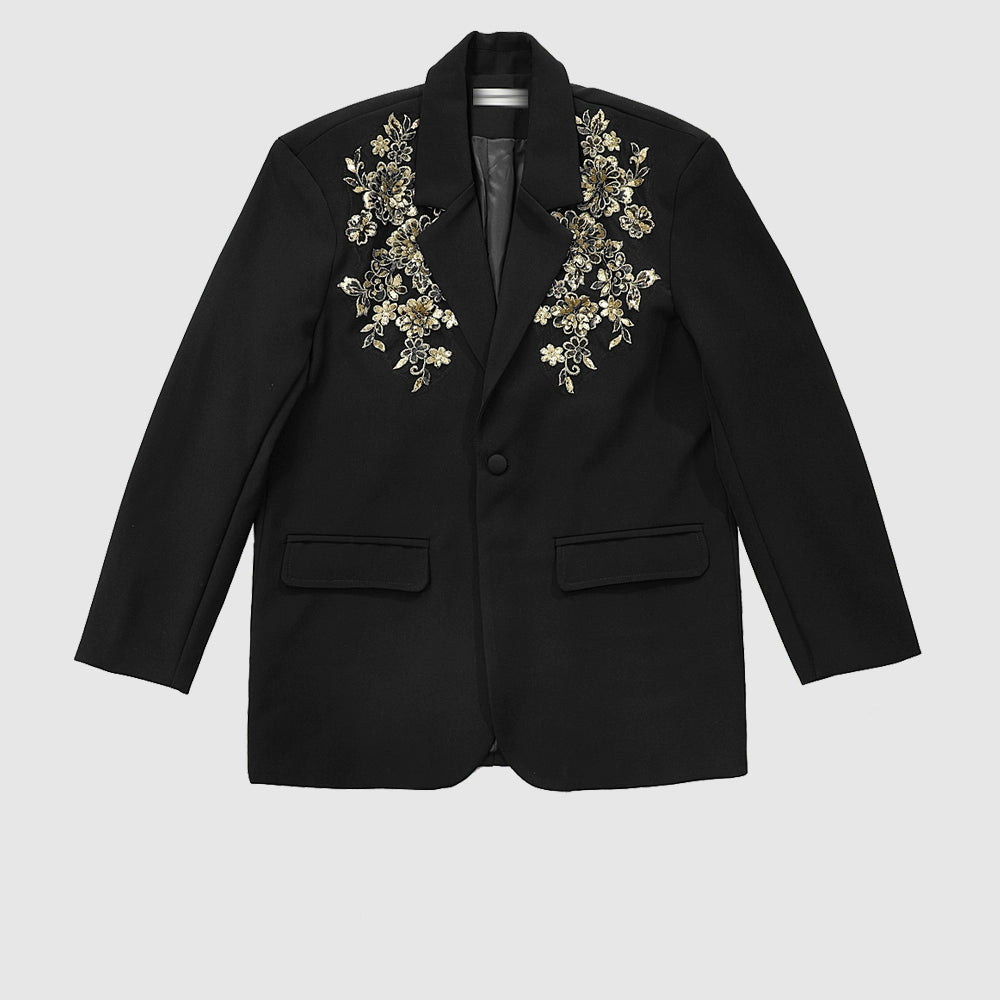 Black Blazer with Gold Floral Embroidery on Lapels