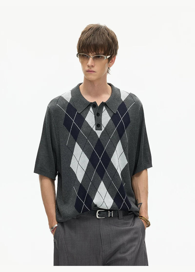 Midnight Argyle Knit Polo Tee