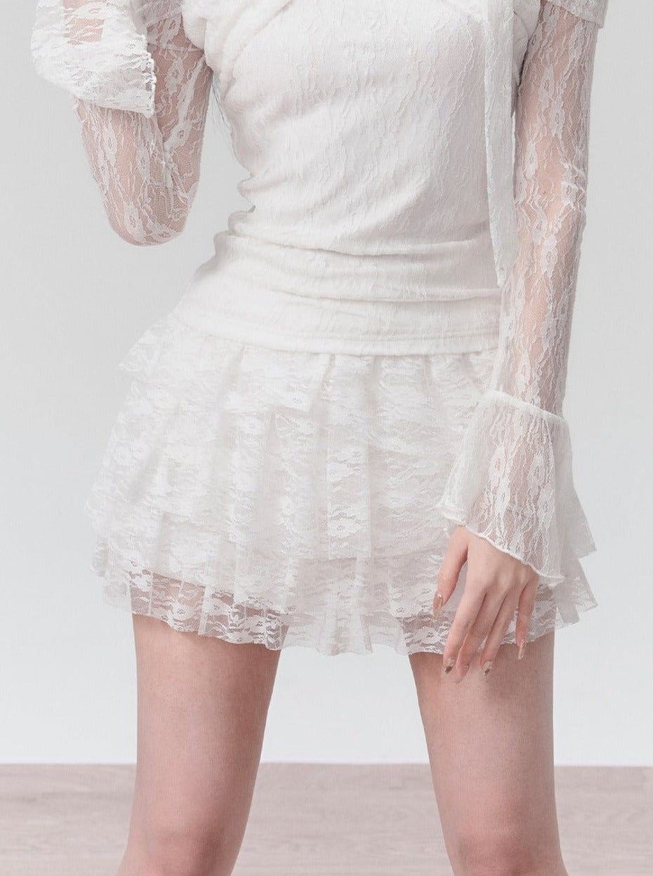 Ethereal White Lace Off-Shoulder Top and Tiered Mini Skirt Set