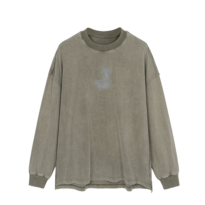 Letter J Series Washed Long Sleeve T-Shirt - chiclara