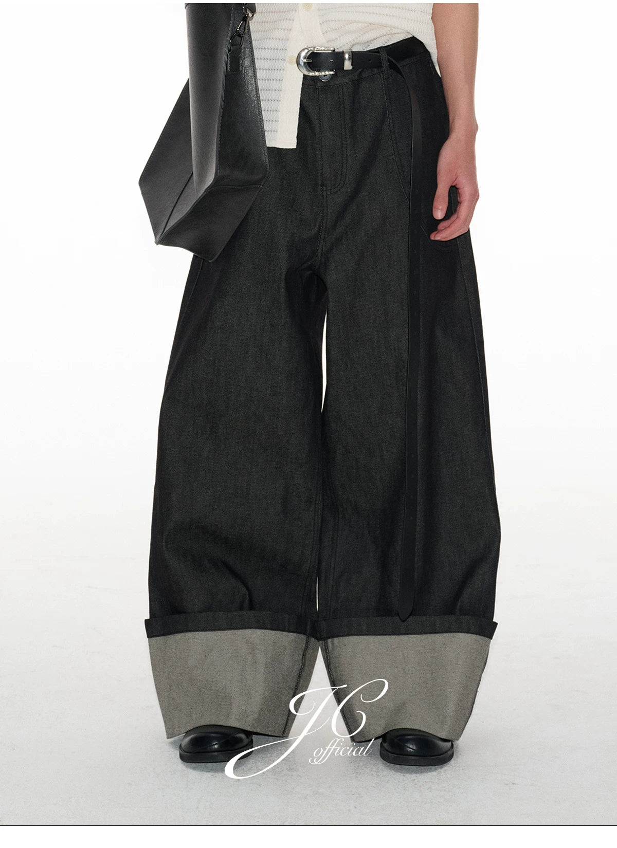 Cuffed Wide-Leg Denim Trousers with Contrast Turn-Up Hem