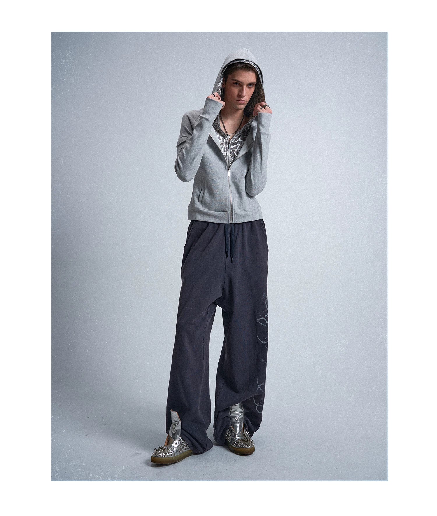 RudeLeopard Double-Layer Silver Leopard Zip Hoodie