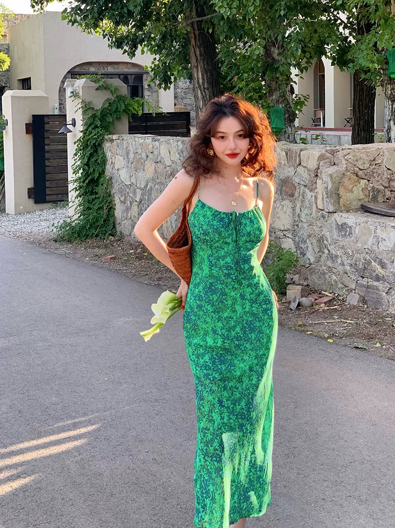 Lace Up Floral Spaghetti Strap Maxi Dress