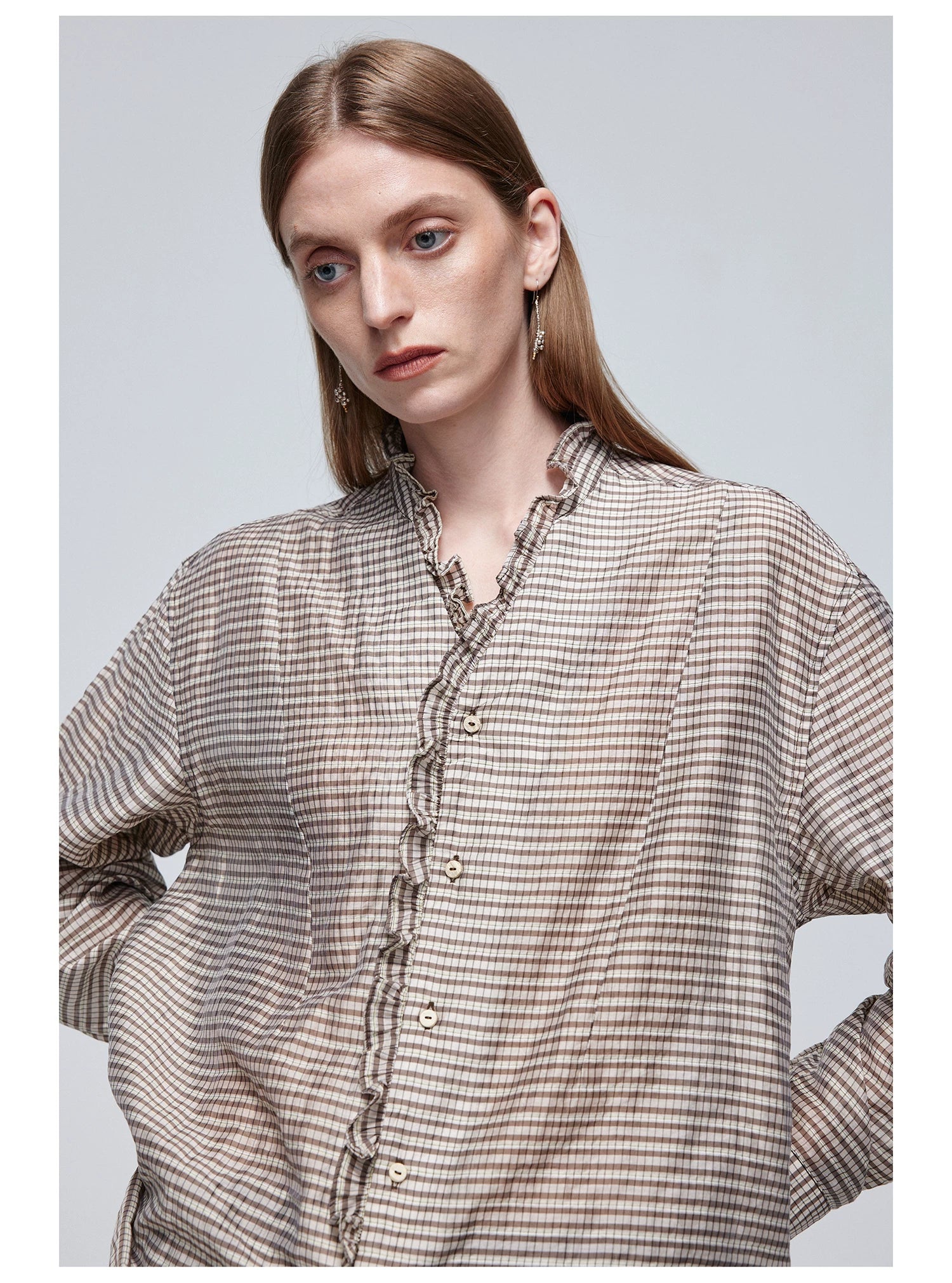Ruffle-Trim Checked Button-Up Shirt