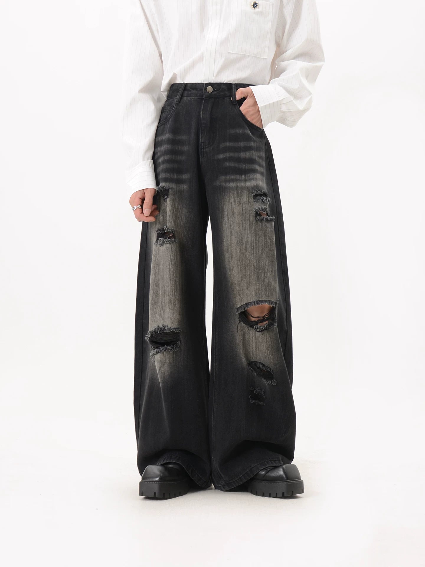 Distressed Washed Heavily Ripped Wide Leg Jeans