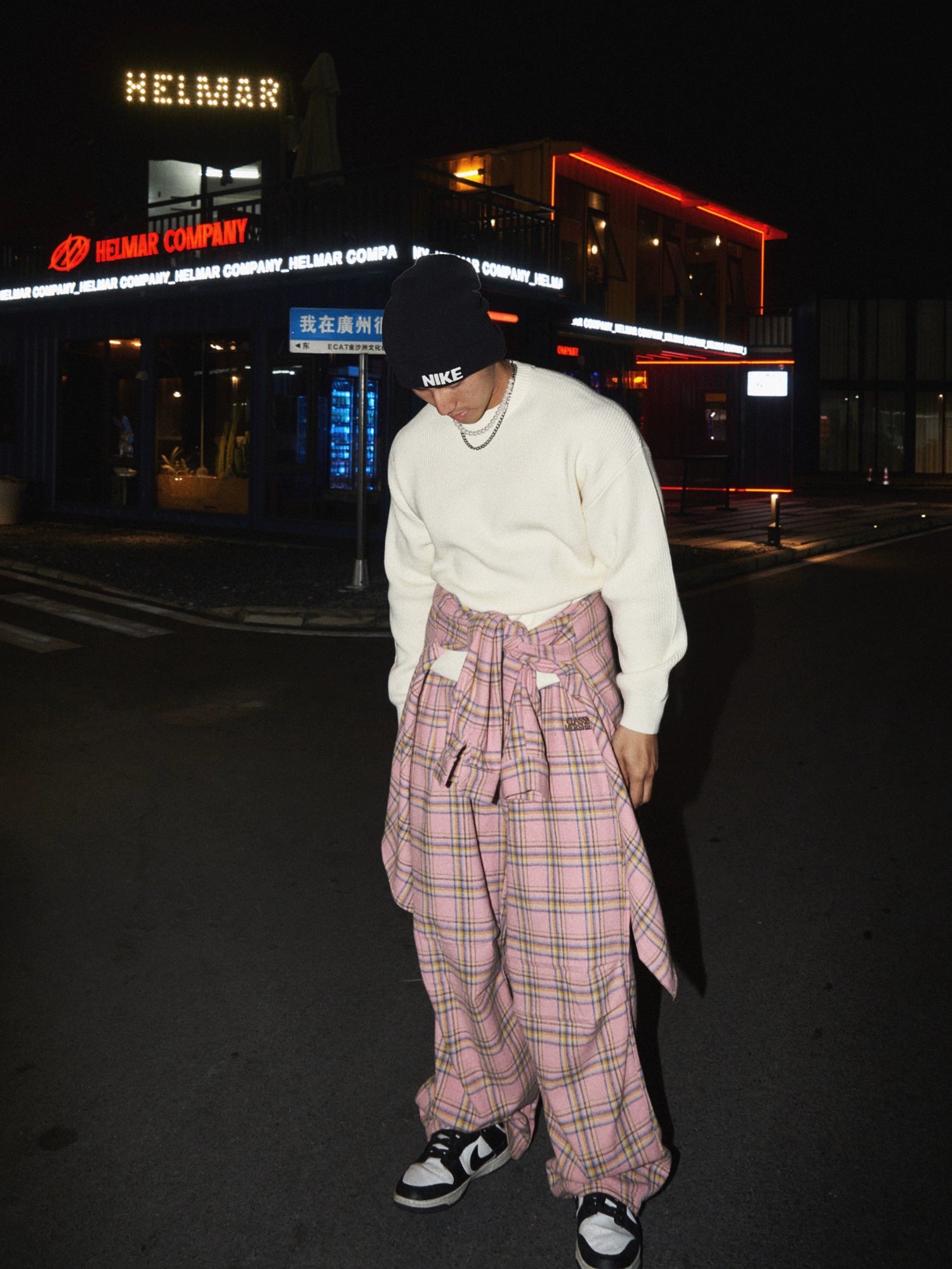 Pink Plaid Wide-Leg Pants