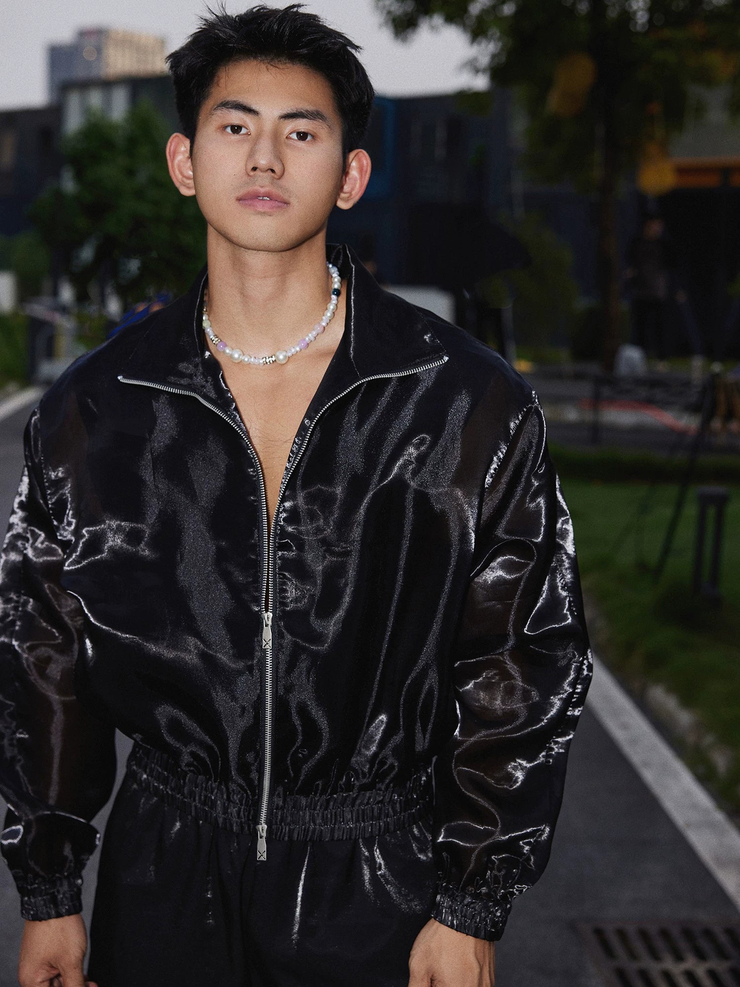 Black Glossy Zip Up Jacket and Short Setup