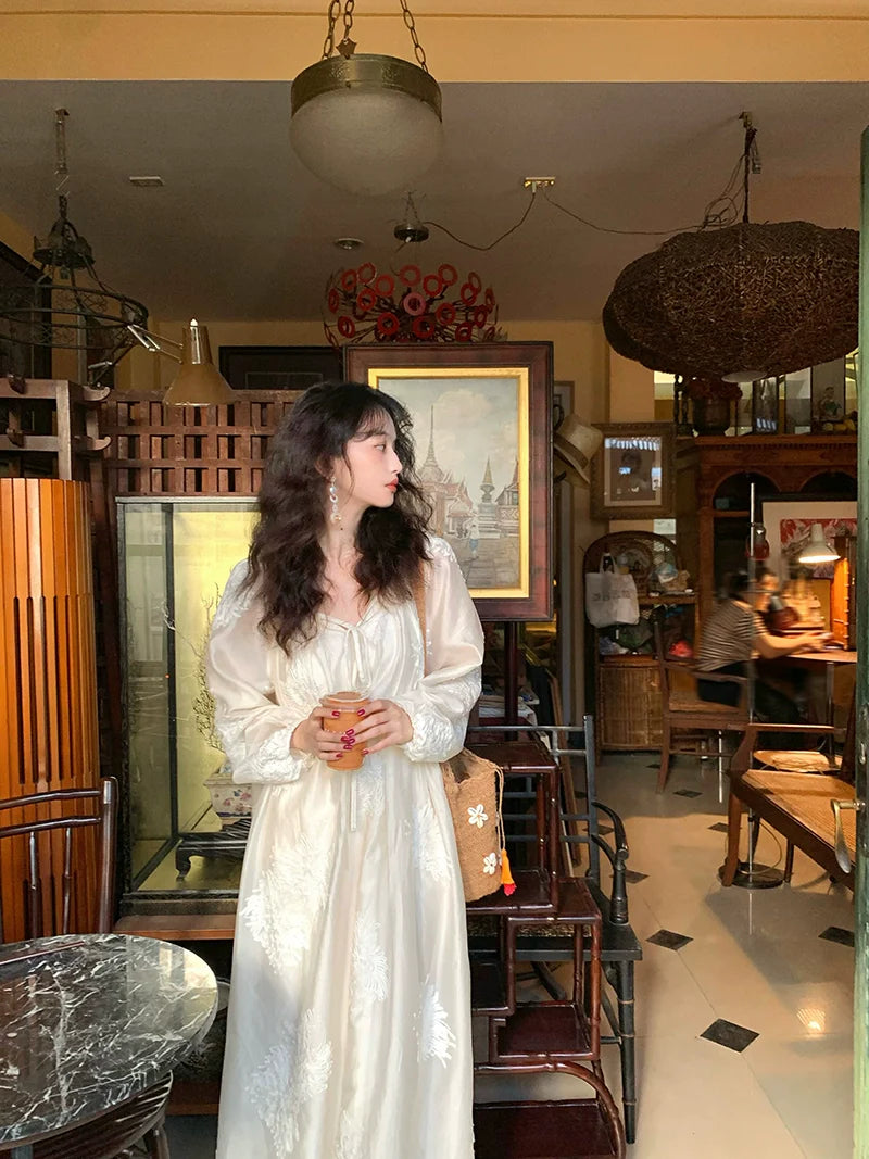 Vintage-Inspired Ivory Embroidered Long-Sleeve Maxi Dress