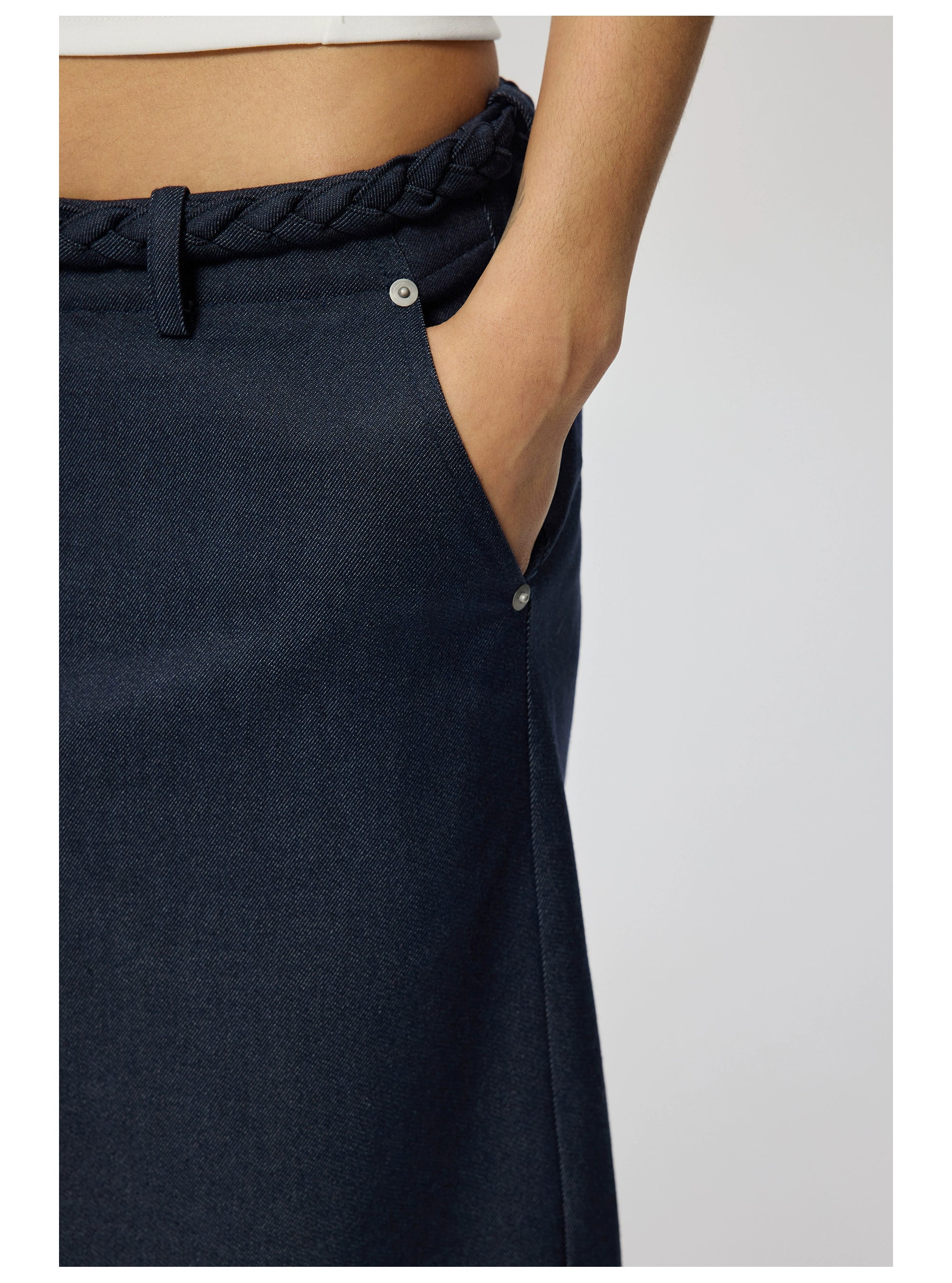 Navy Knee-Length Skirt with Braided Belt