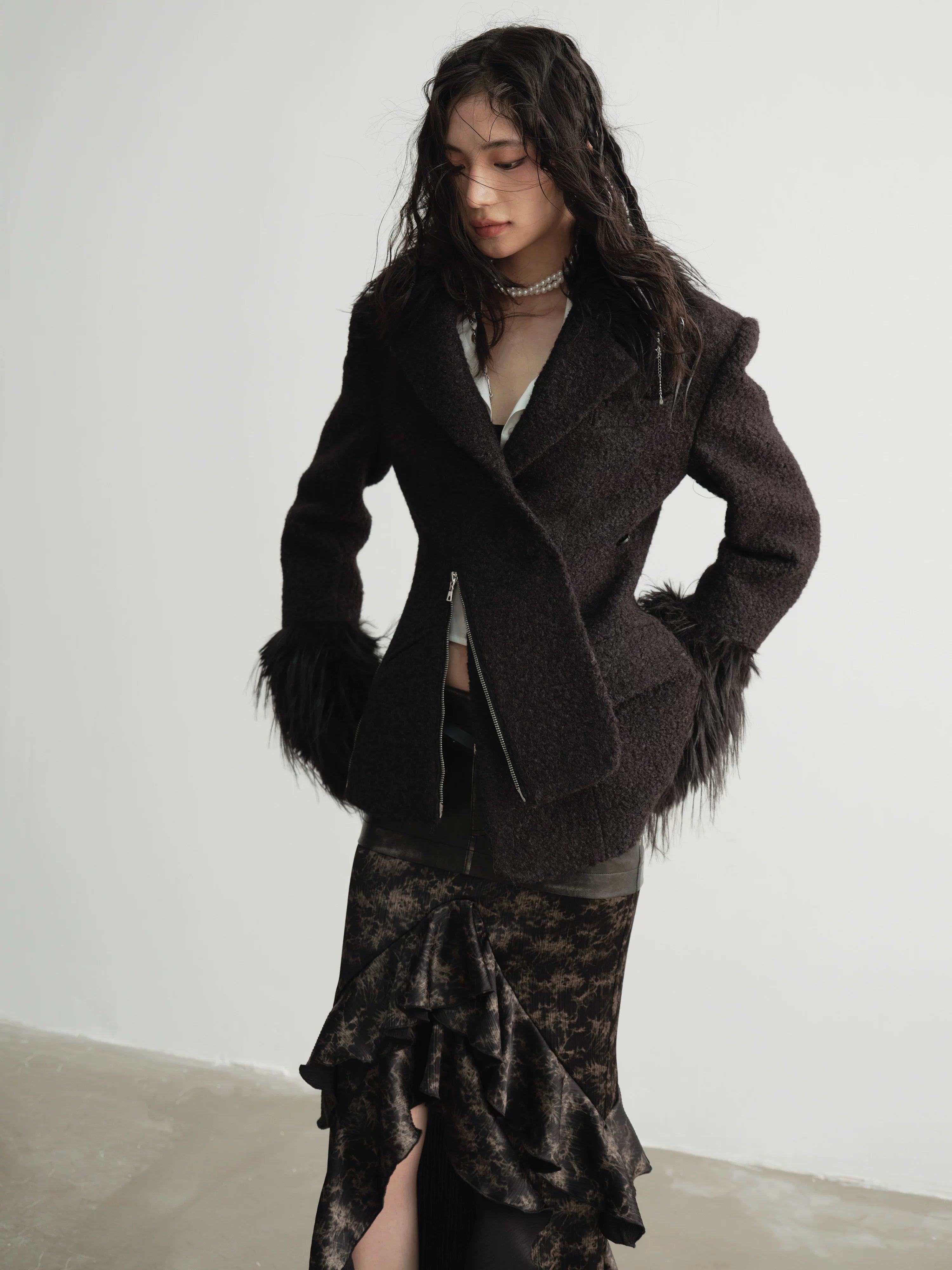 Shadowplume Textured Fur Cuff Coat