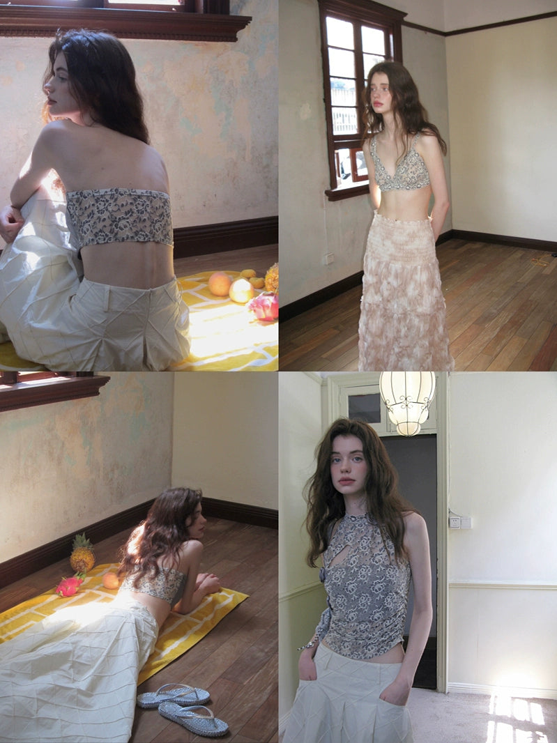Peony-Pattern Lace Halter Neck Top
