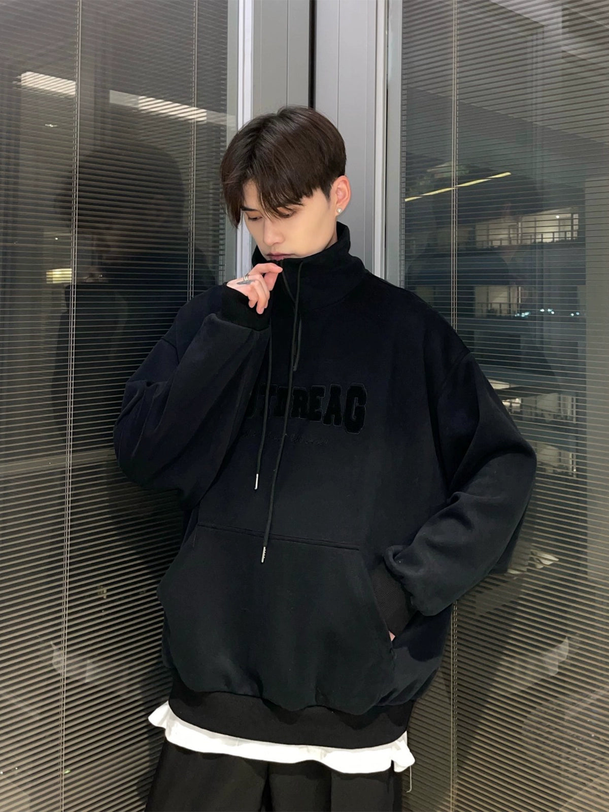 Quarter-Zip Mock Neck Sweatshirt with Embroidered Text