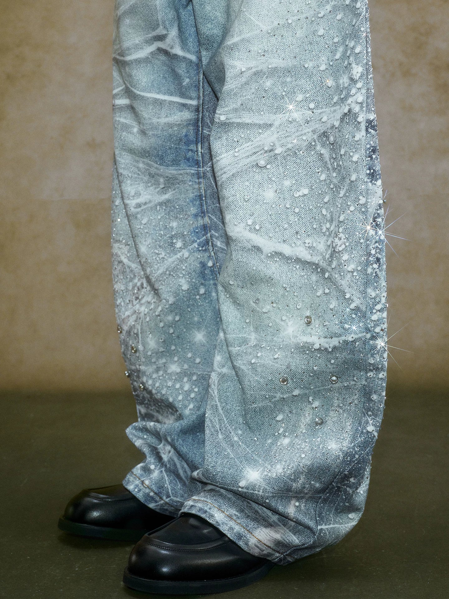 Crystal Embellished Bleached Wide Leg Jeans