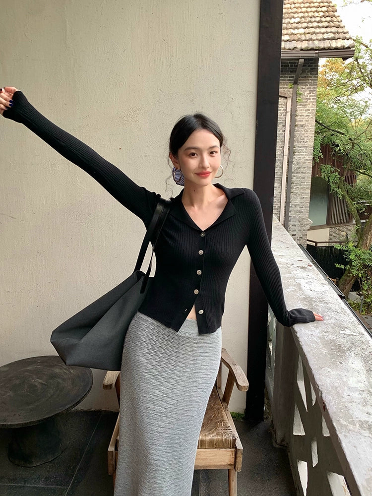 Ribbed V-Neck Button Knit Cardigan