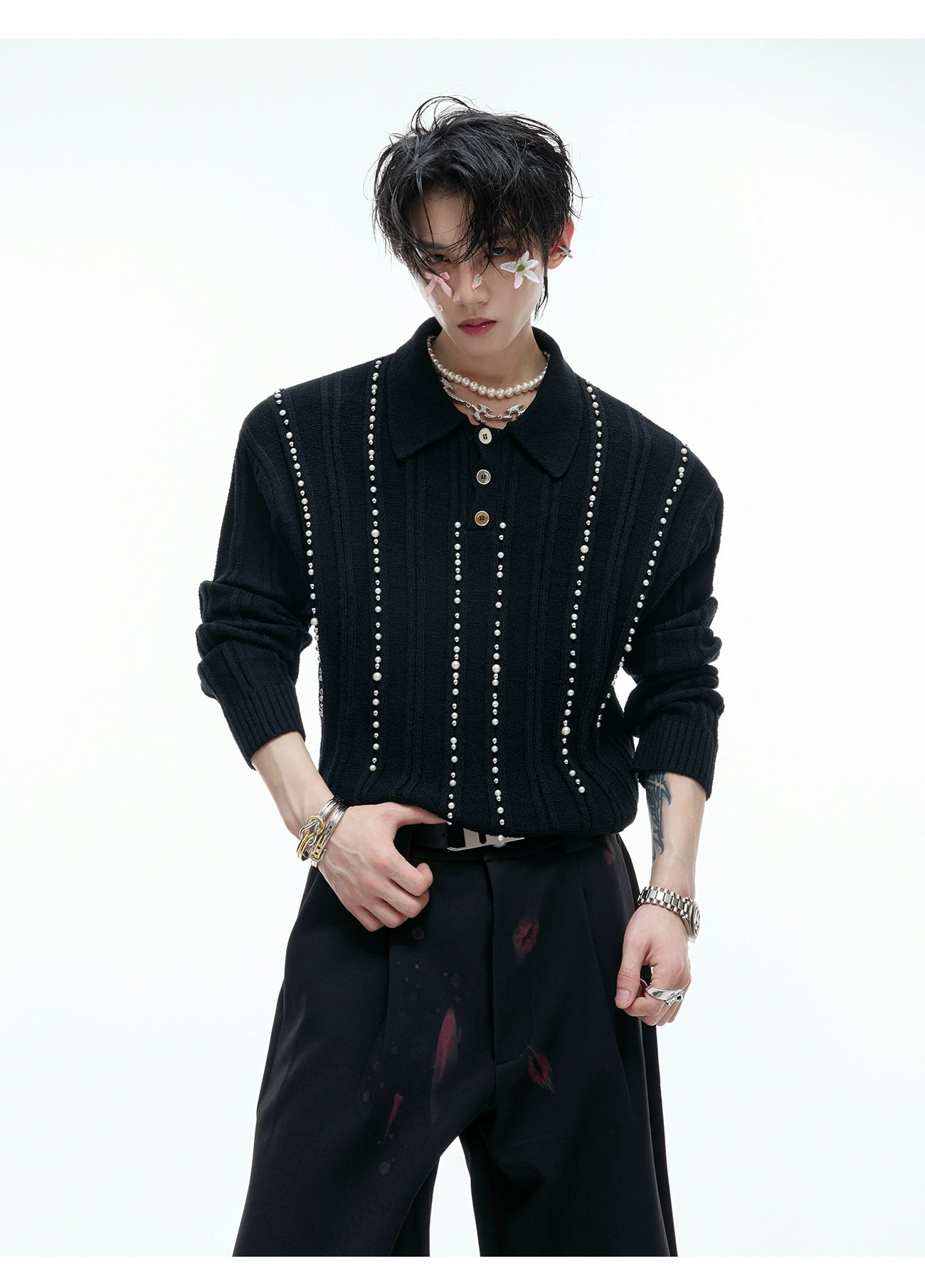 Beaded Knit Polo Sweater