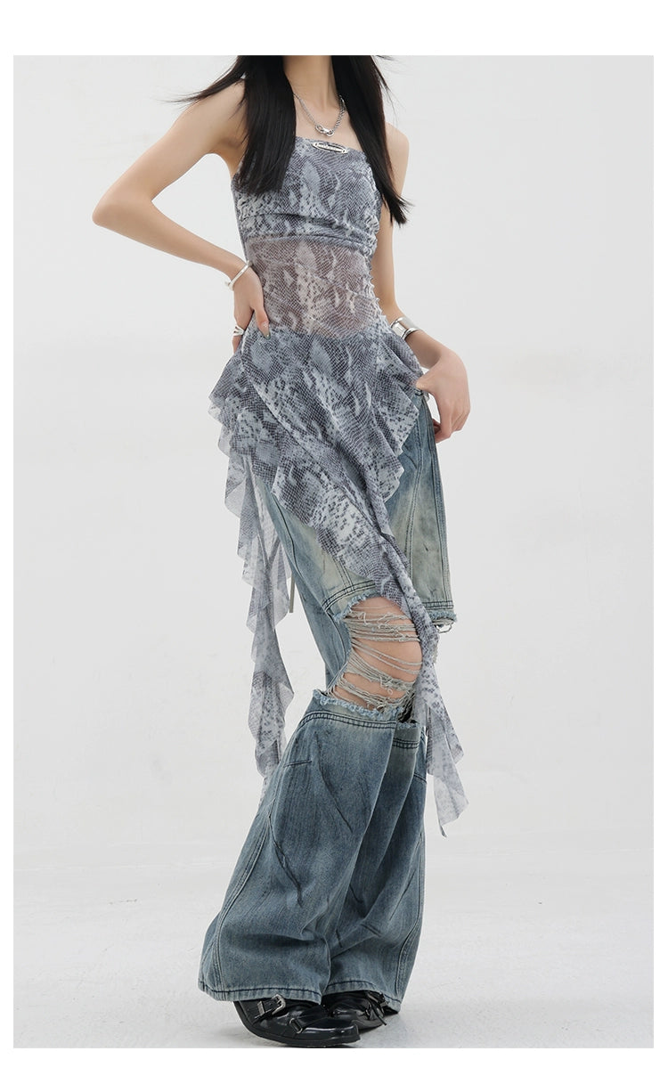 Vintage Distressed And Dirt-Dyed Patchwork Wide-Leg Jeans - chiclara