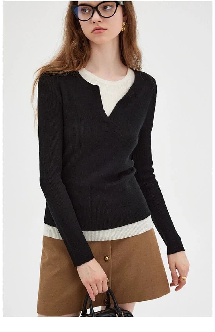 Chic Fold-Over Collar Color-Block Faux Layered Top - chiclara