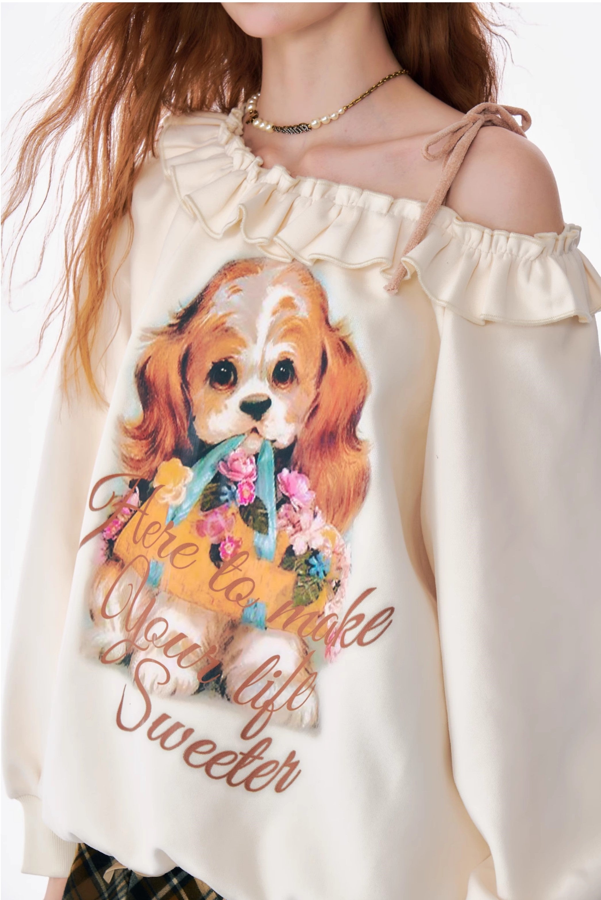 Puppy Print Cold Shoulder Sweatshirt