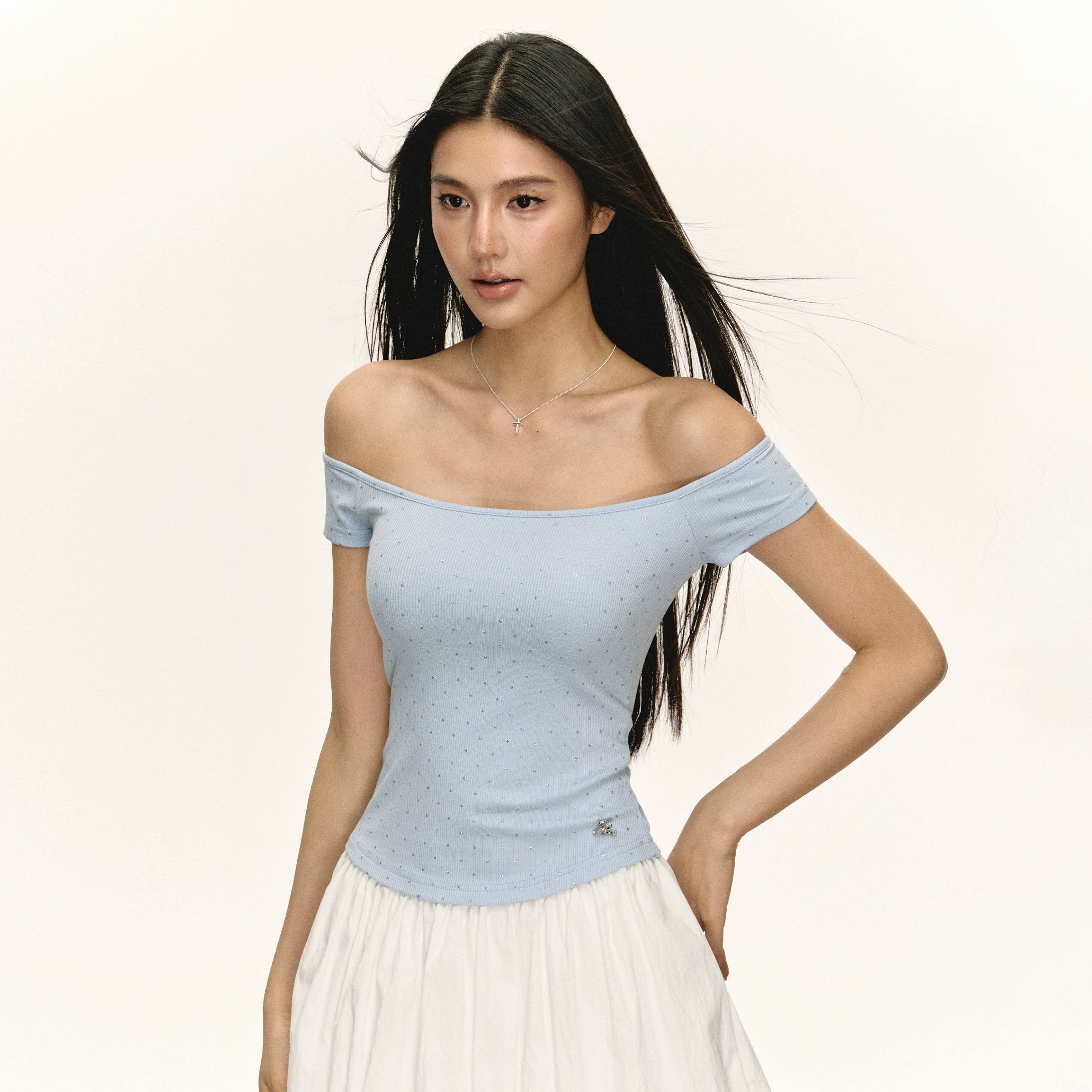 Crystal Embellished Off Shoulder Ribbed Top