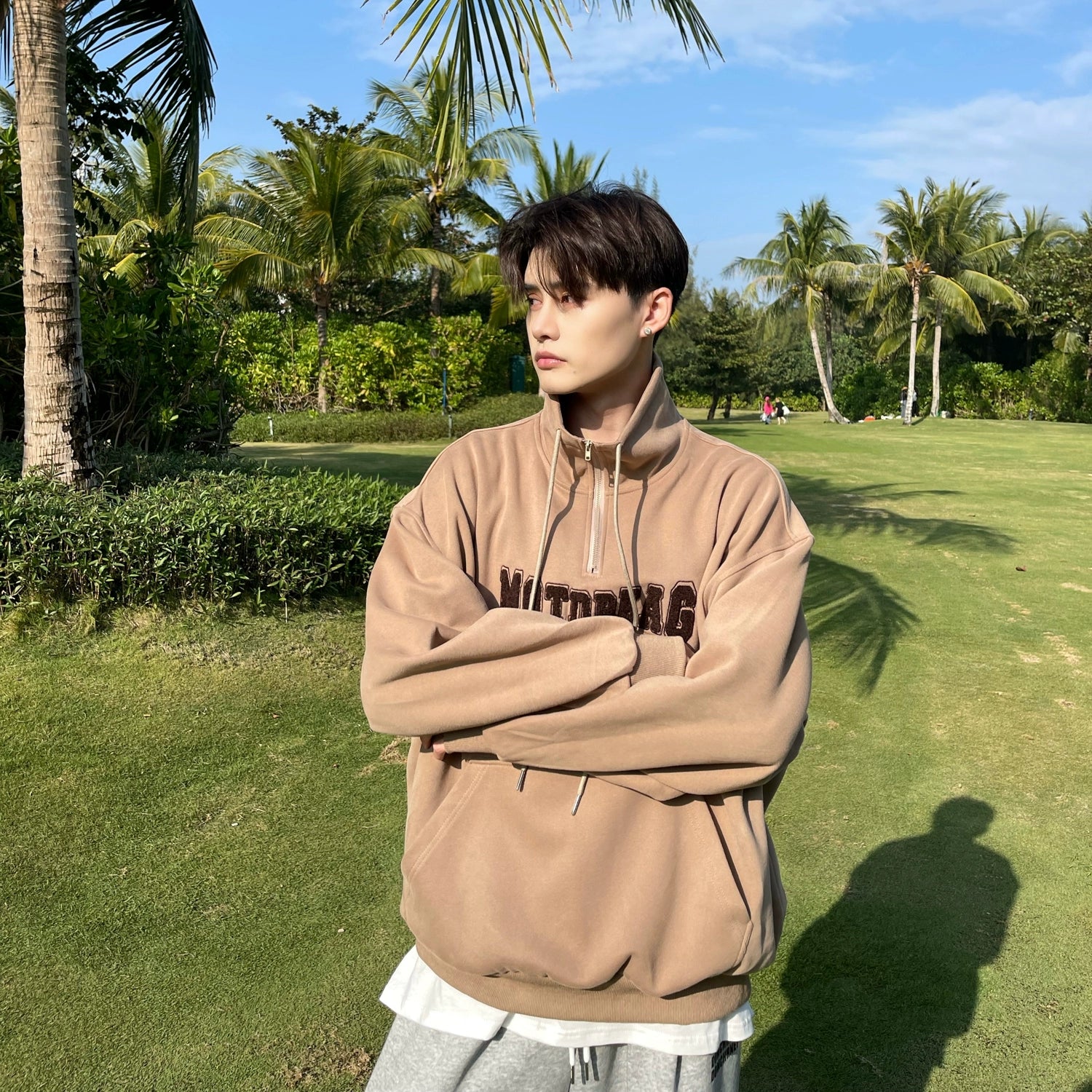 Quarter-Zip Mock Neck Sweatshirt with Embroidered Text