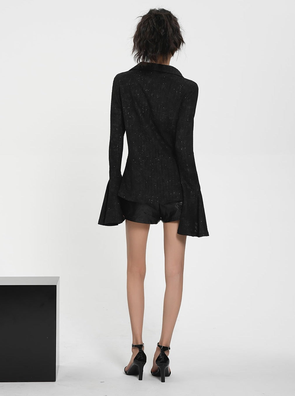 Sultry Black Sequin Mini Dress - Long Bell Sleeve Plunging V-Neck Party Dress