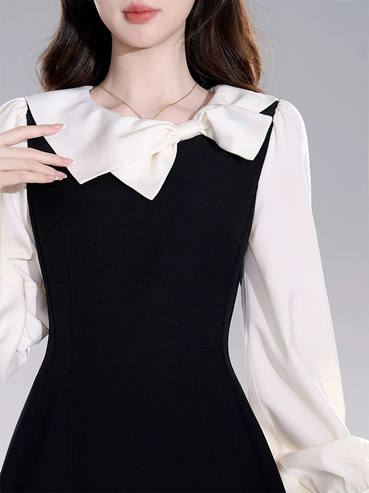 Contrast Bow Collar Midi Dress