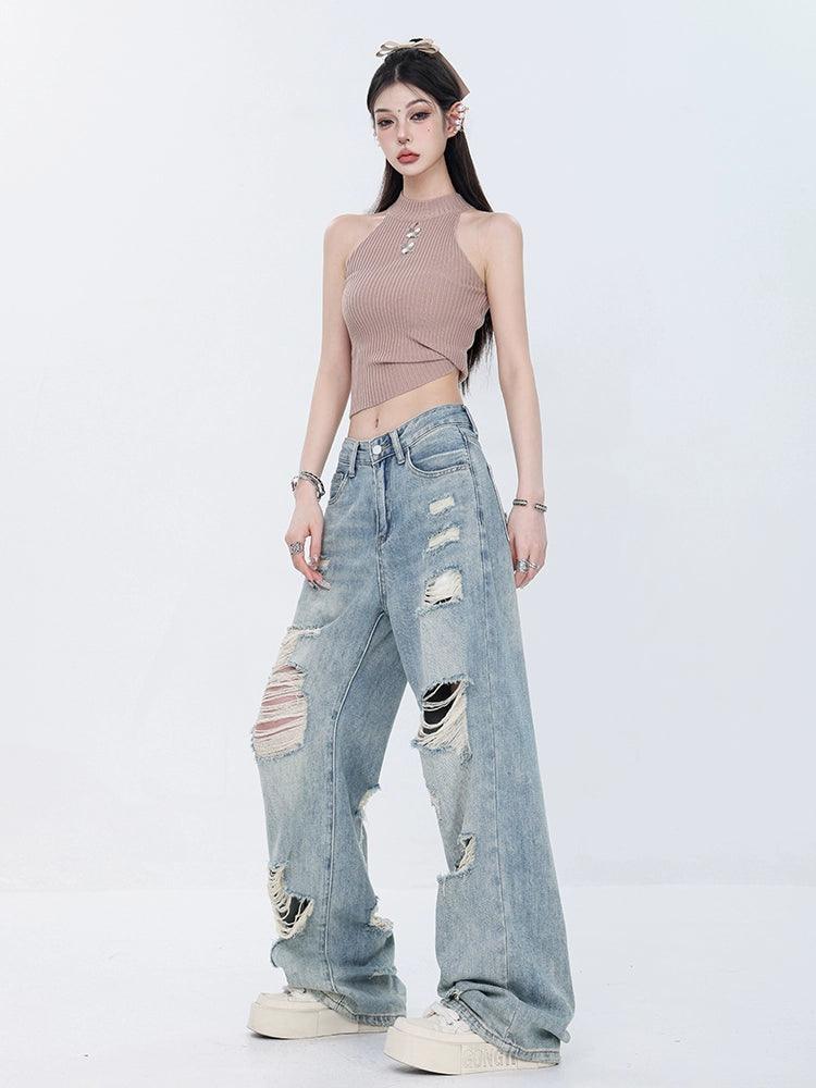 Vintage Grunge Distressed Wide-Leg Jeans