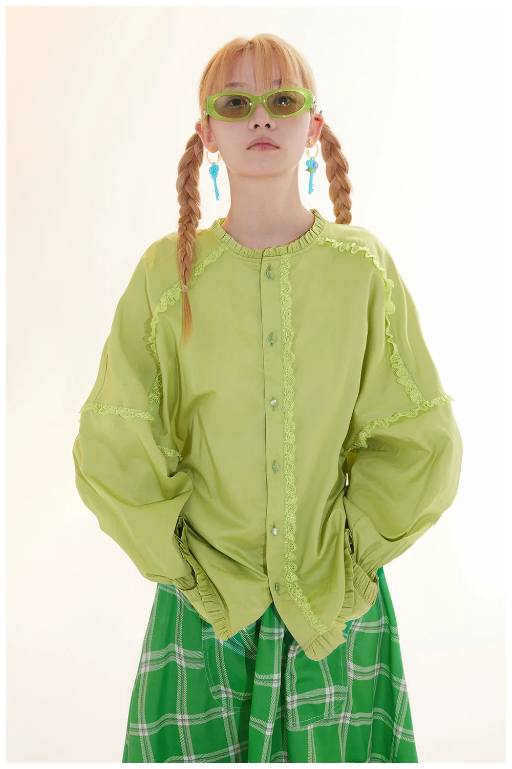 Lime Green Lace Trim Button Down Blouse