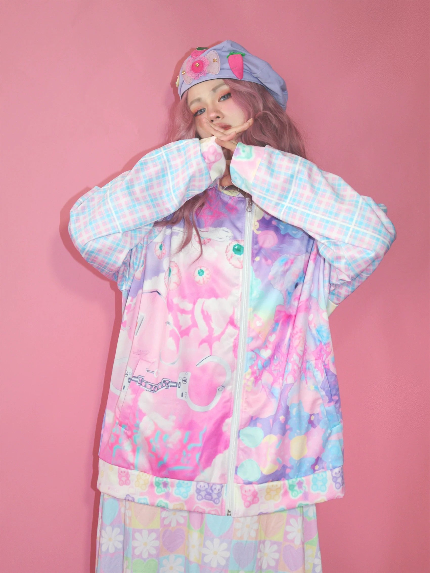 Pastel Dream Plaid Sleeve Bomber Jacket