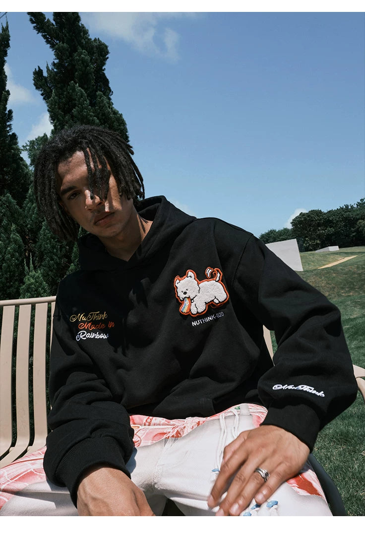 Embroidered Dog Graphic Oversized Pullover Hoodie