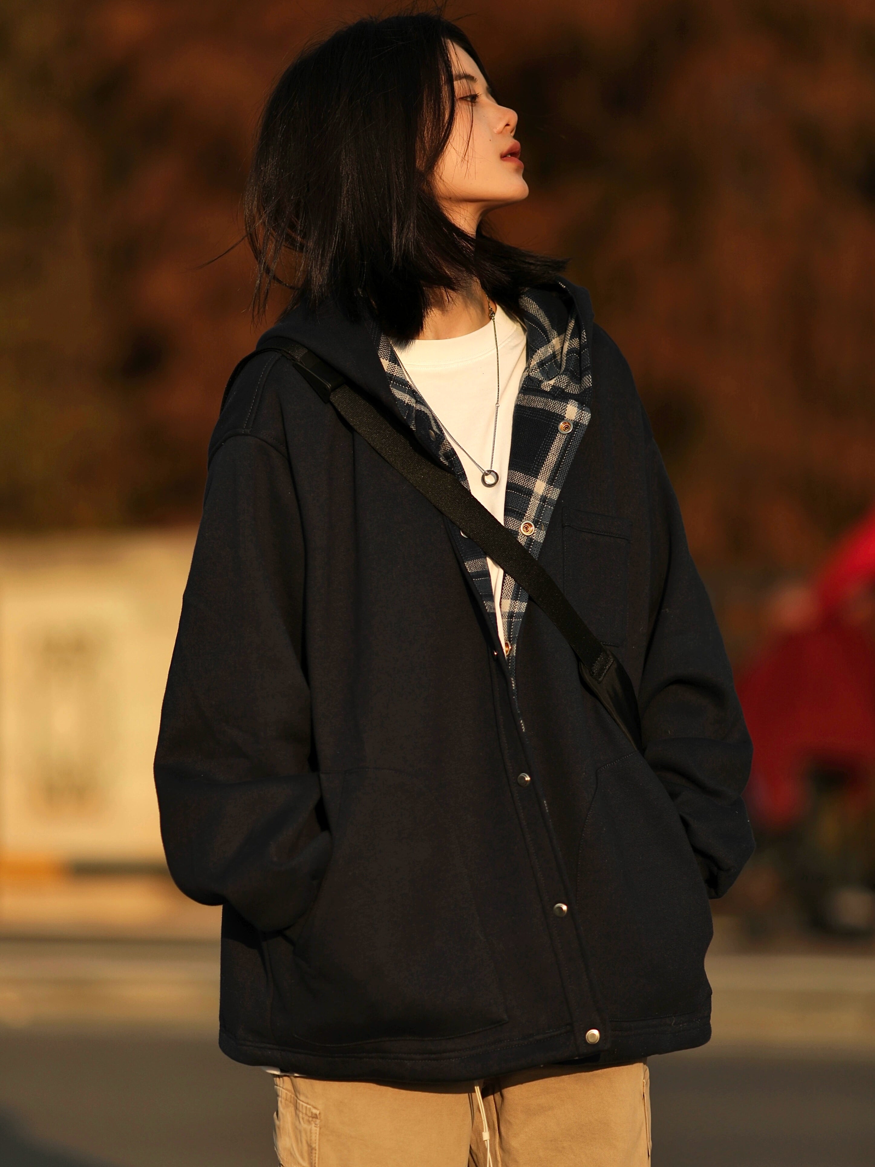 Button-Up Hoodie with Plaid Lining