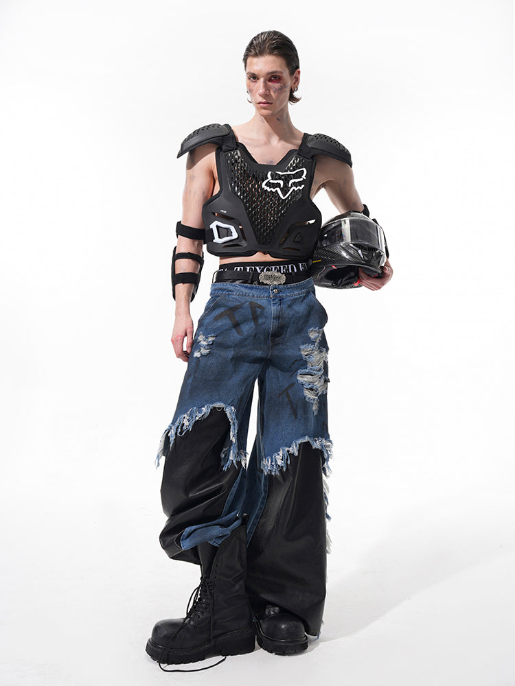 Layered Denim Leather Pants
